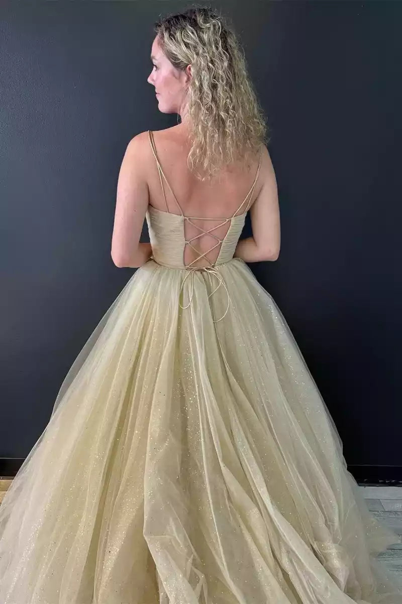 Enchanting A-line chiffon with thin floor straps and V-neck sleeveless pleated lace up back Prom Dresses